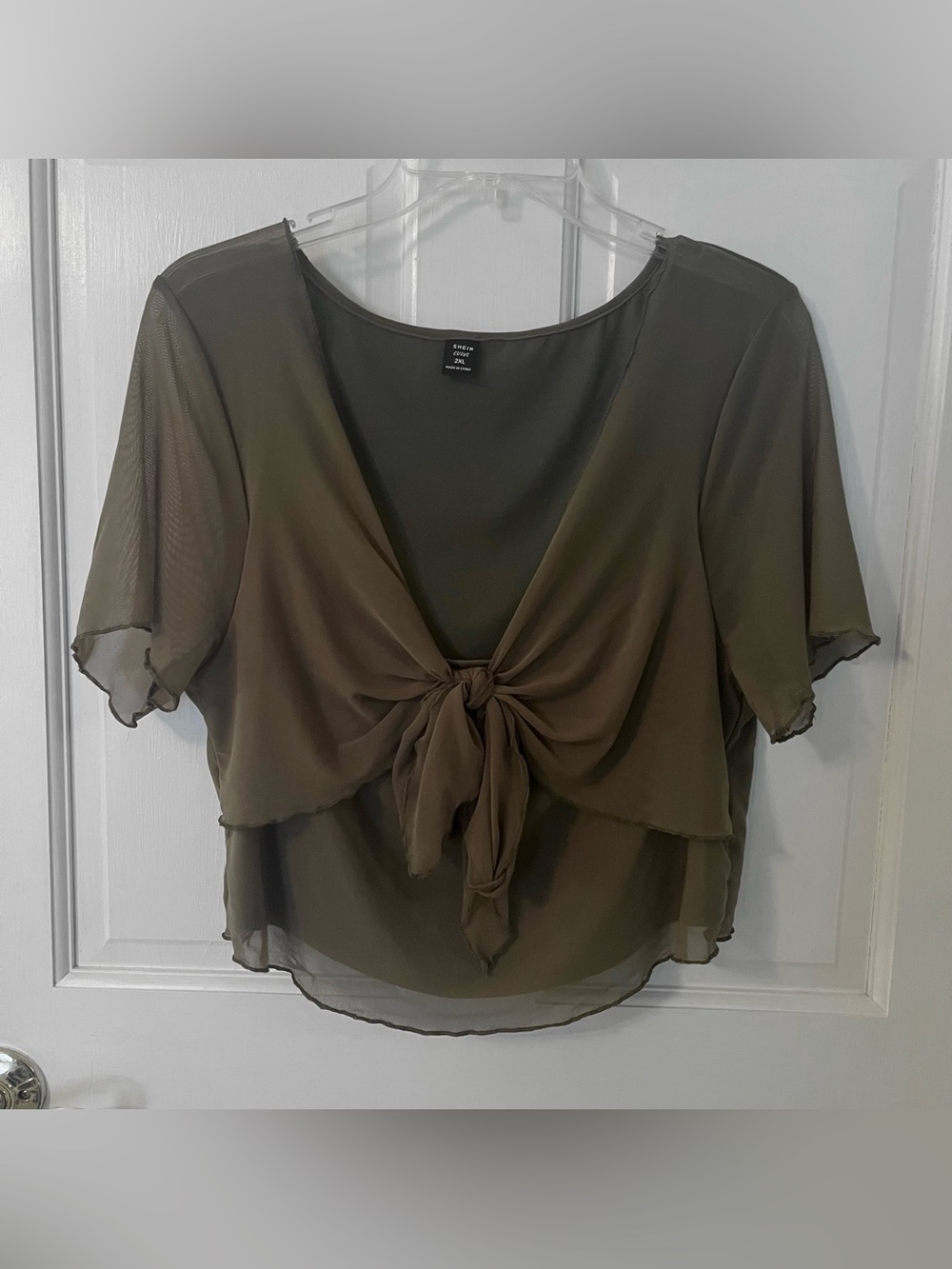 SHEIN Olive Green Mesh Tie-front Short Sleeve Cropped Blouse